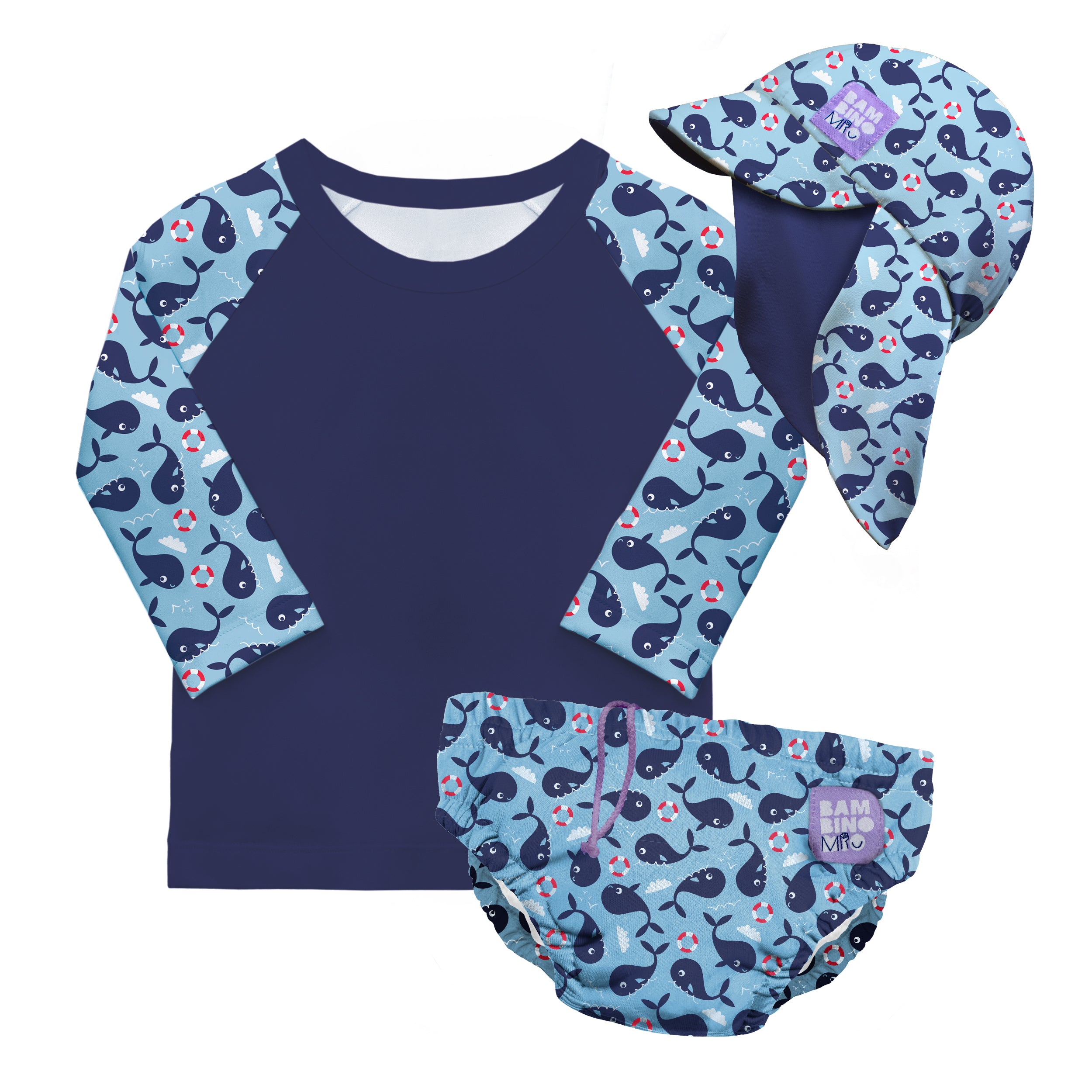 3 Piece Baby Swim Set with Swim Nappy, Swim top and Swim Hat in Blue Whale - Bambino Mio (UK)