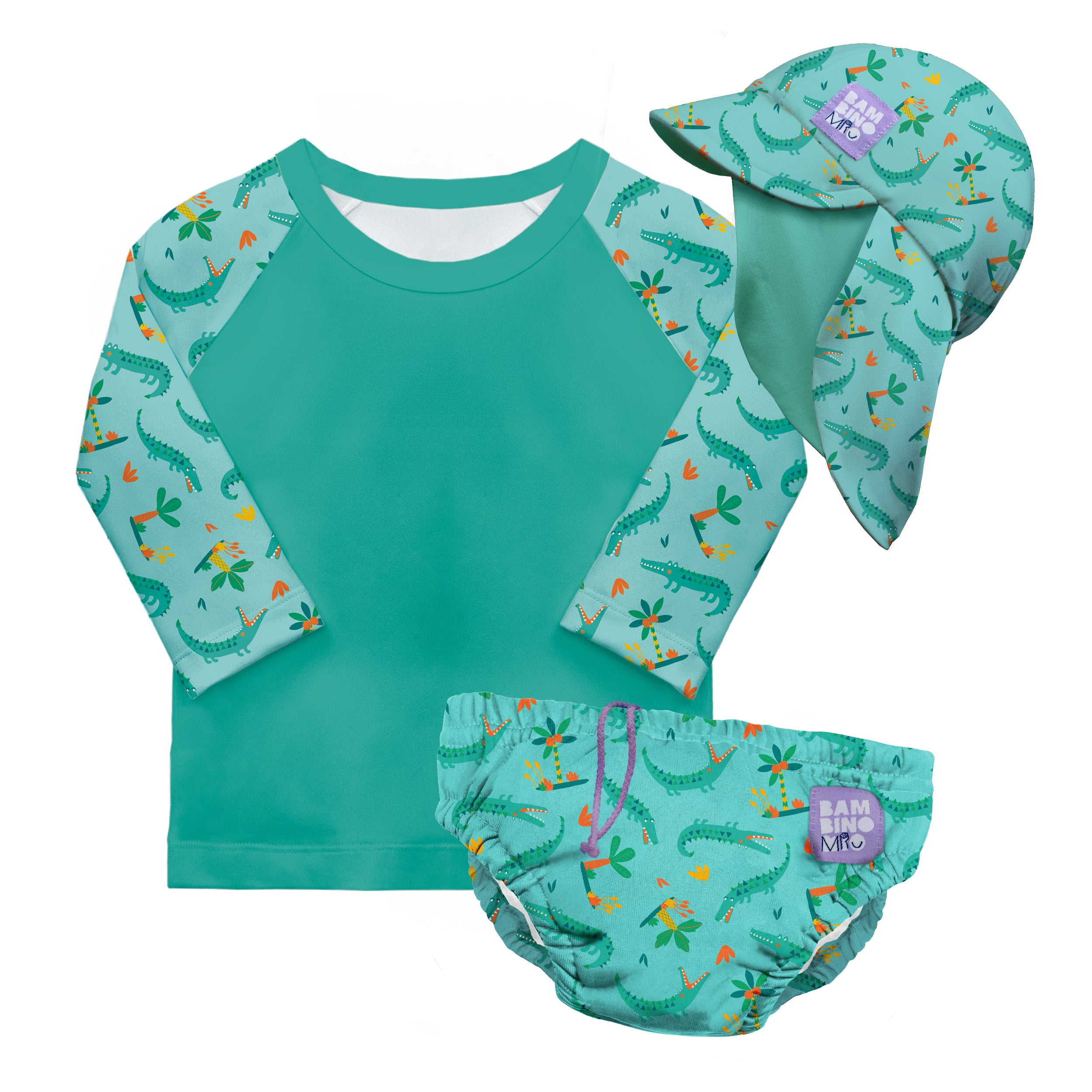 3 Piece Baby Swim Set with Swim Nappy, Swim top and Swim Hat in Crafty Croc- NEW! - Bambino Mio (UK)