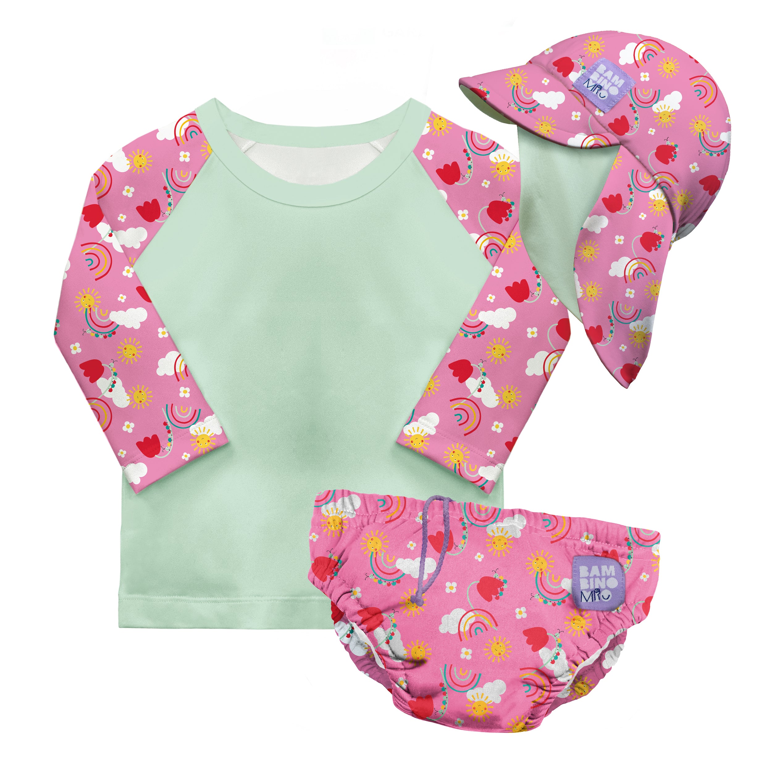 3 Piece Baby Swim Set with Swim Nappy, Swim top and Swim Hat in Happy Days- NEW! - Bambino Mio (UK)