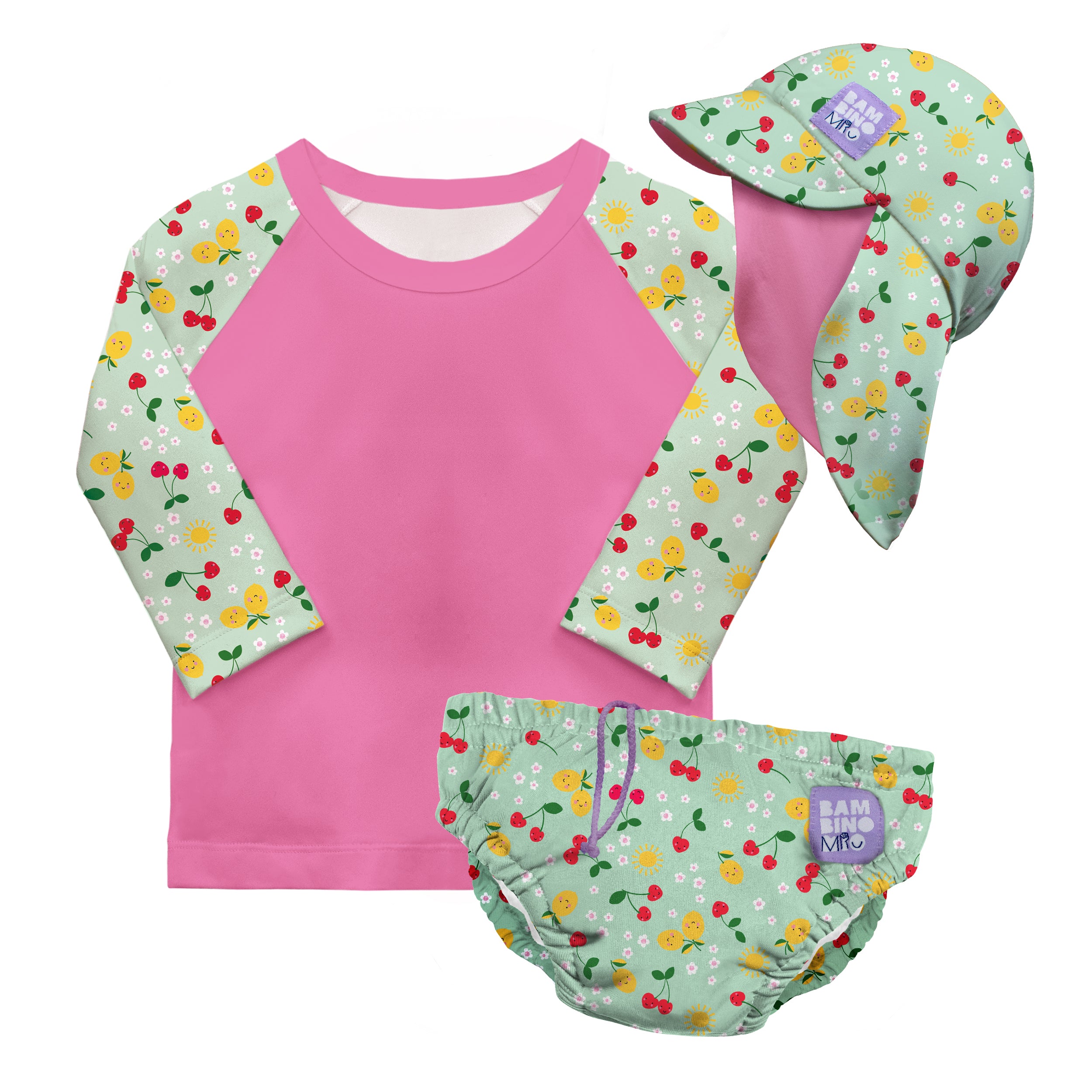 3 Piece Baby Swim Set with Swim Nappy, Swim top and Swim Hat in Juicy Fruit - Bambino Mio (UK)