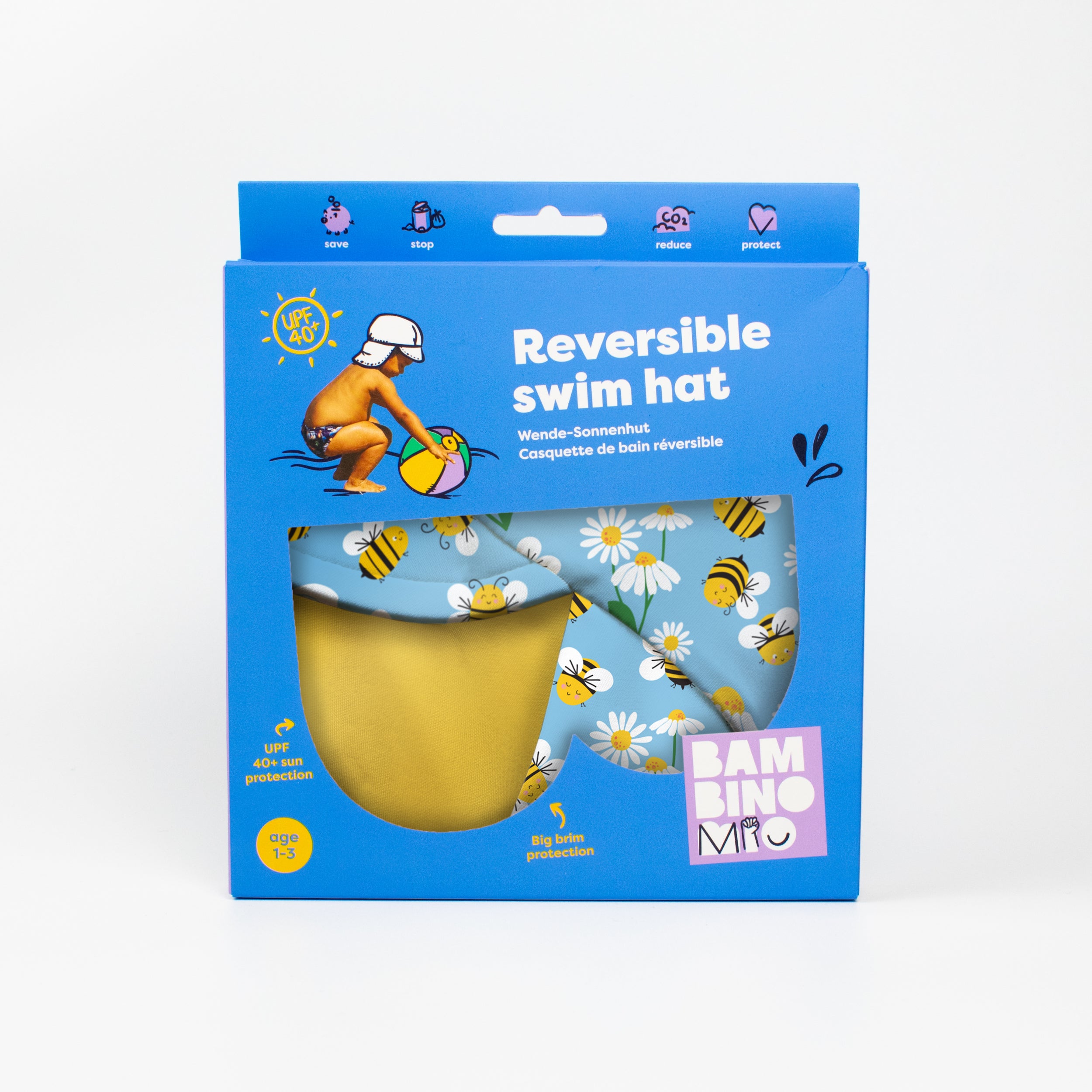 UPF 40+ Reversible Swim Hat for Babies and Toddlers in Busy Bees- NEW! - Bambino Mio (UK)