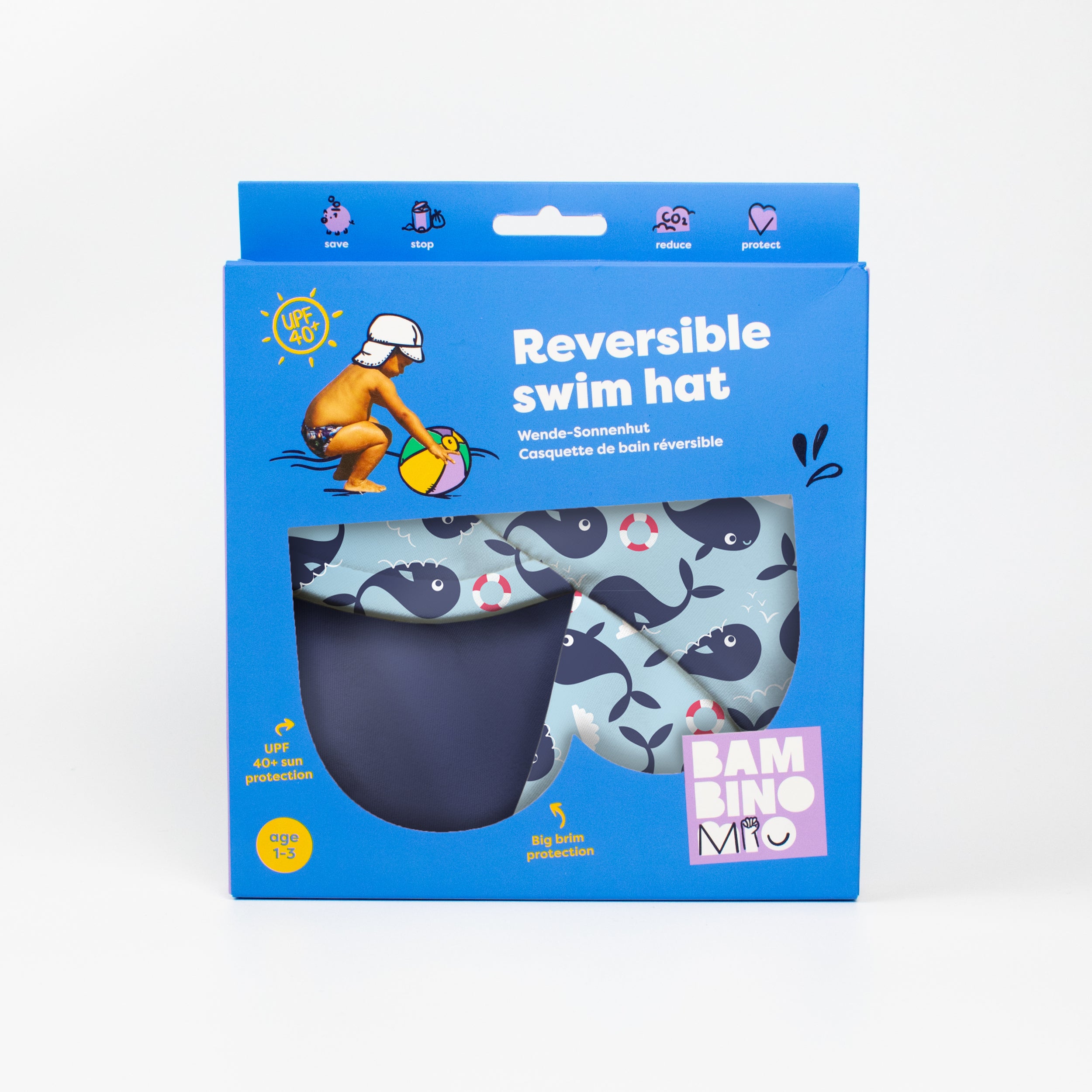 UPF 40+ Reversible Swim Hat for Babies and Toddlers in Blue Whale - NEW! - Bambino Mio (UK)