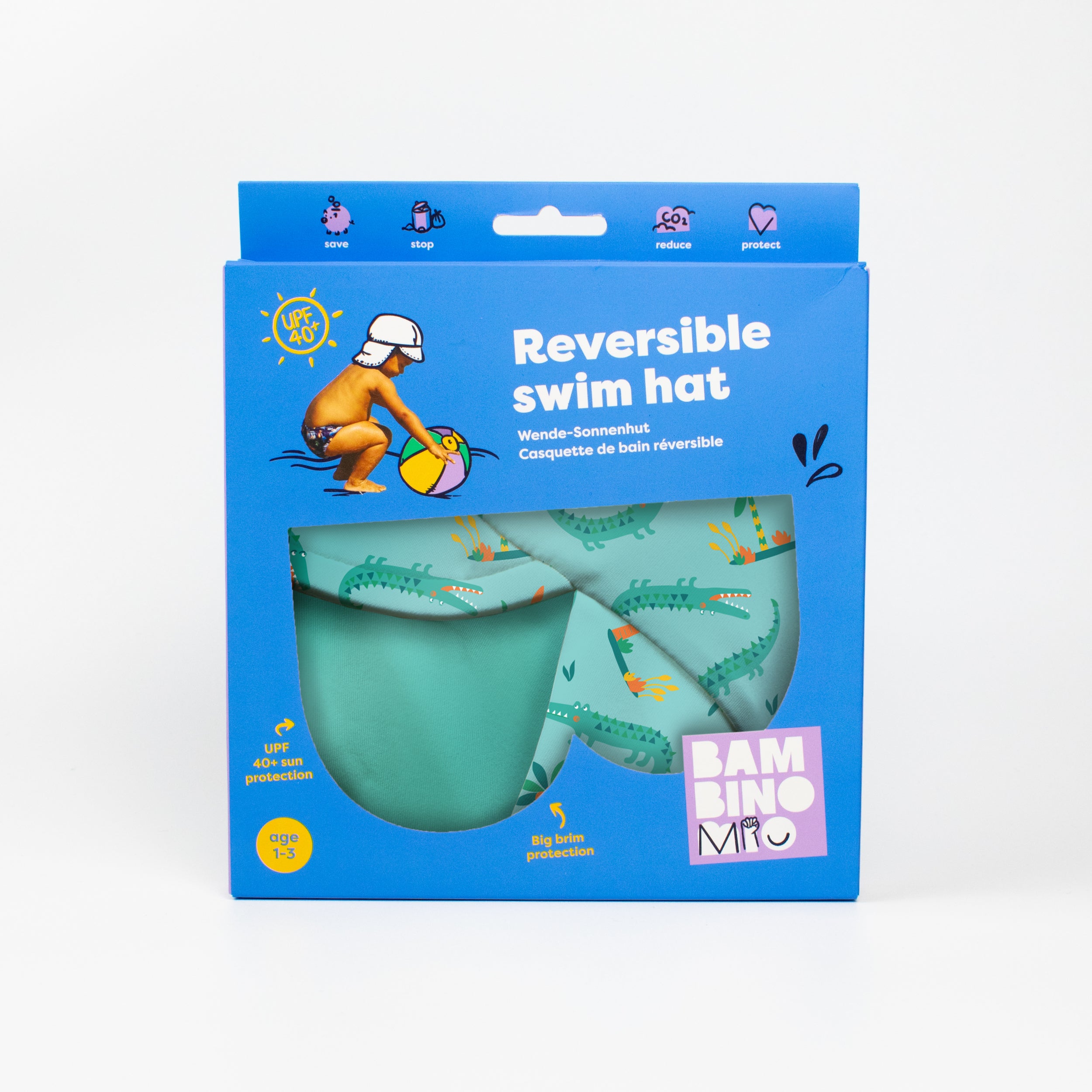UPF 40+ Reversible Swim Hat for Babies and Toddlers in Crafty Croc - NEW! - Bambino Mio (UK)