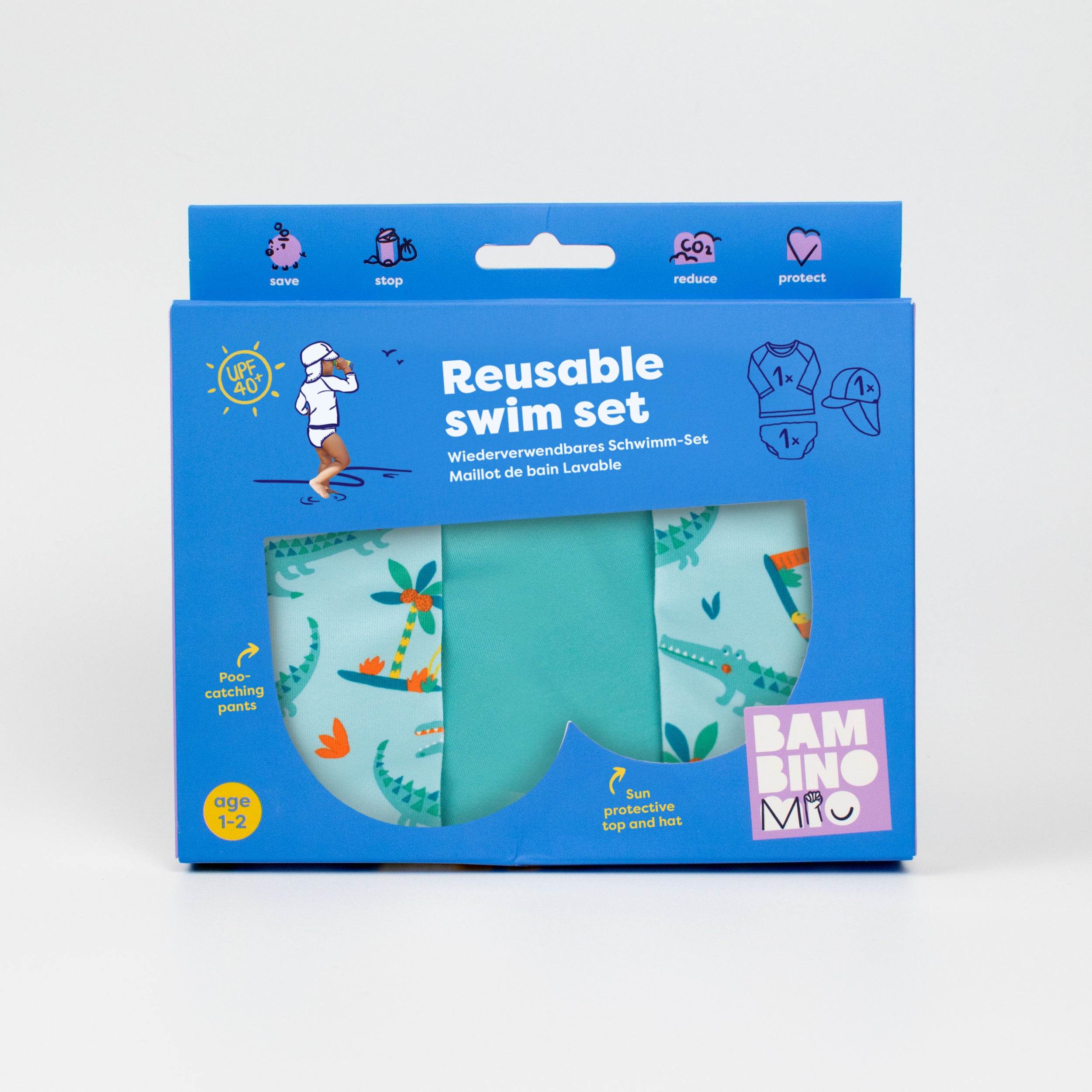 3 Piece Baby Swim Set with Swim Nappy, Swim top and Swim Hat in Crafty Croc- NEW! - Bambino Mio (UK)