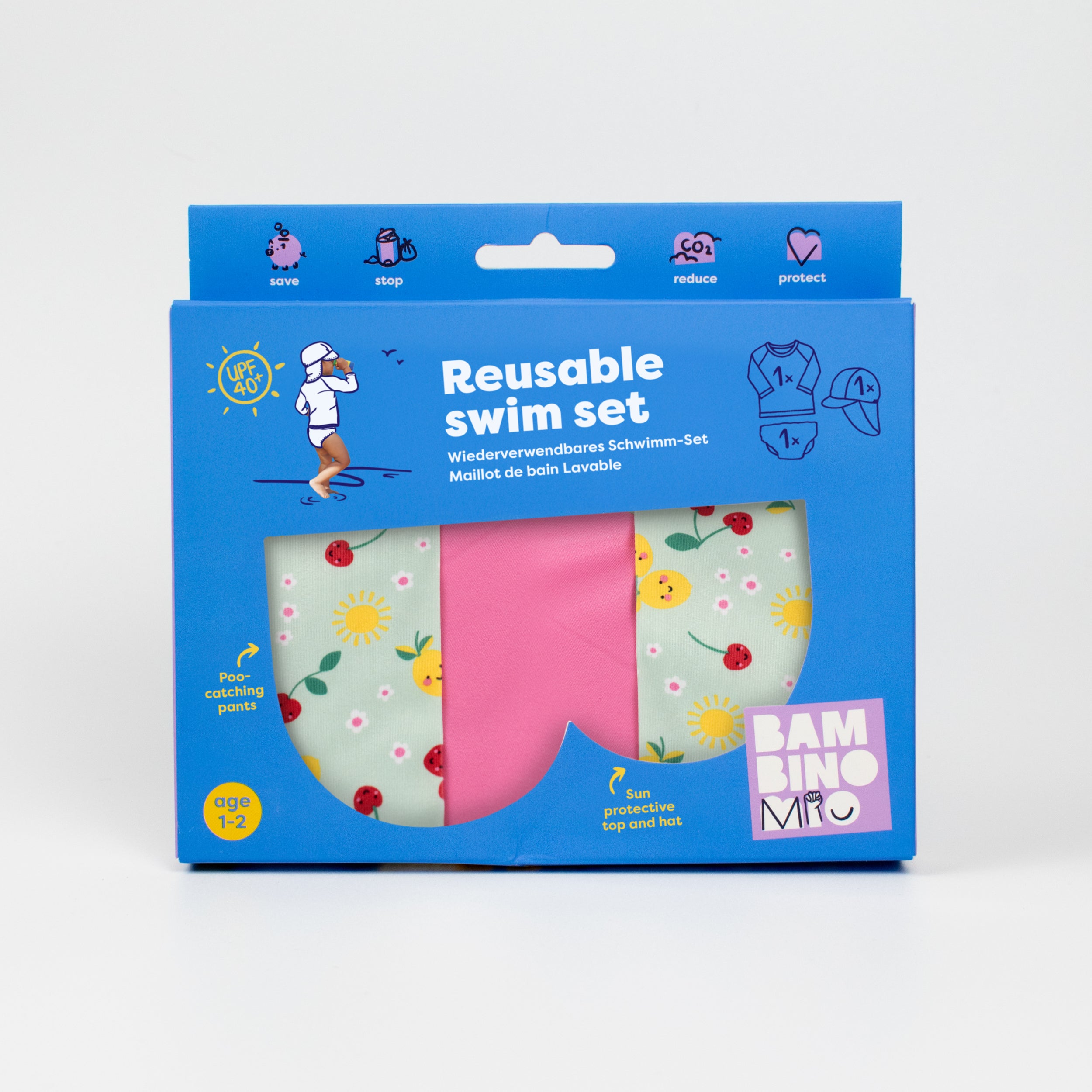 3 Piece Baby Swim Set with Swim Nappy, Swim top and Swim Hat in Juicy Fruit - Bambino Mio (UK)