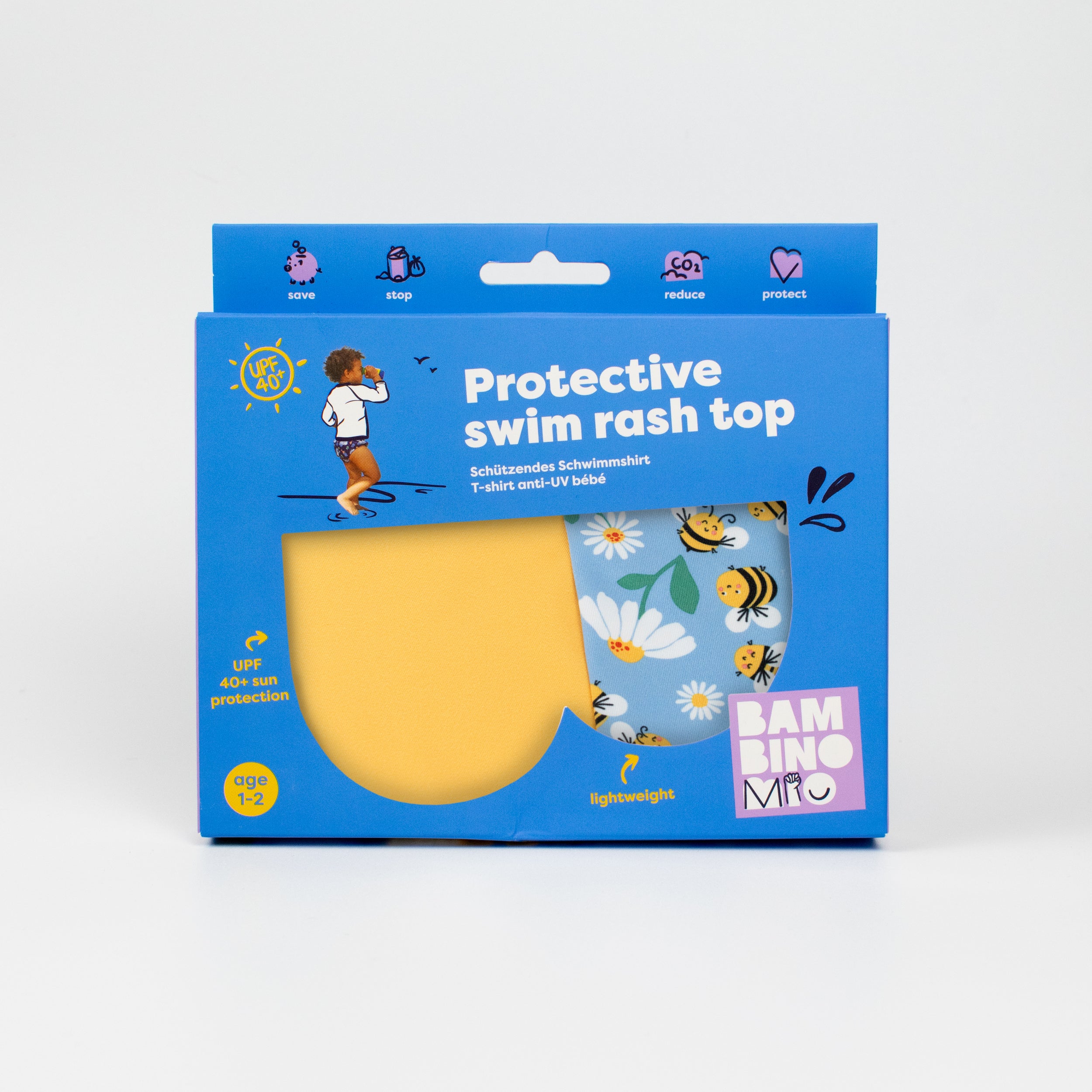 UPF 40+ Soft and Gentle Protective Swim Rash Vest in Busy Bees - NEW! - Bambino Mio (UK)