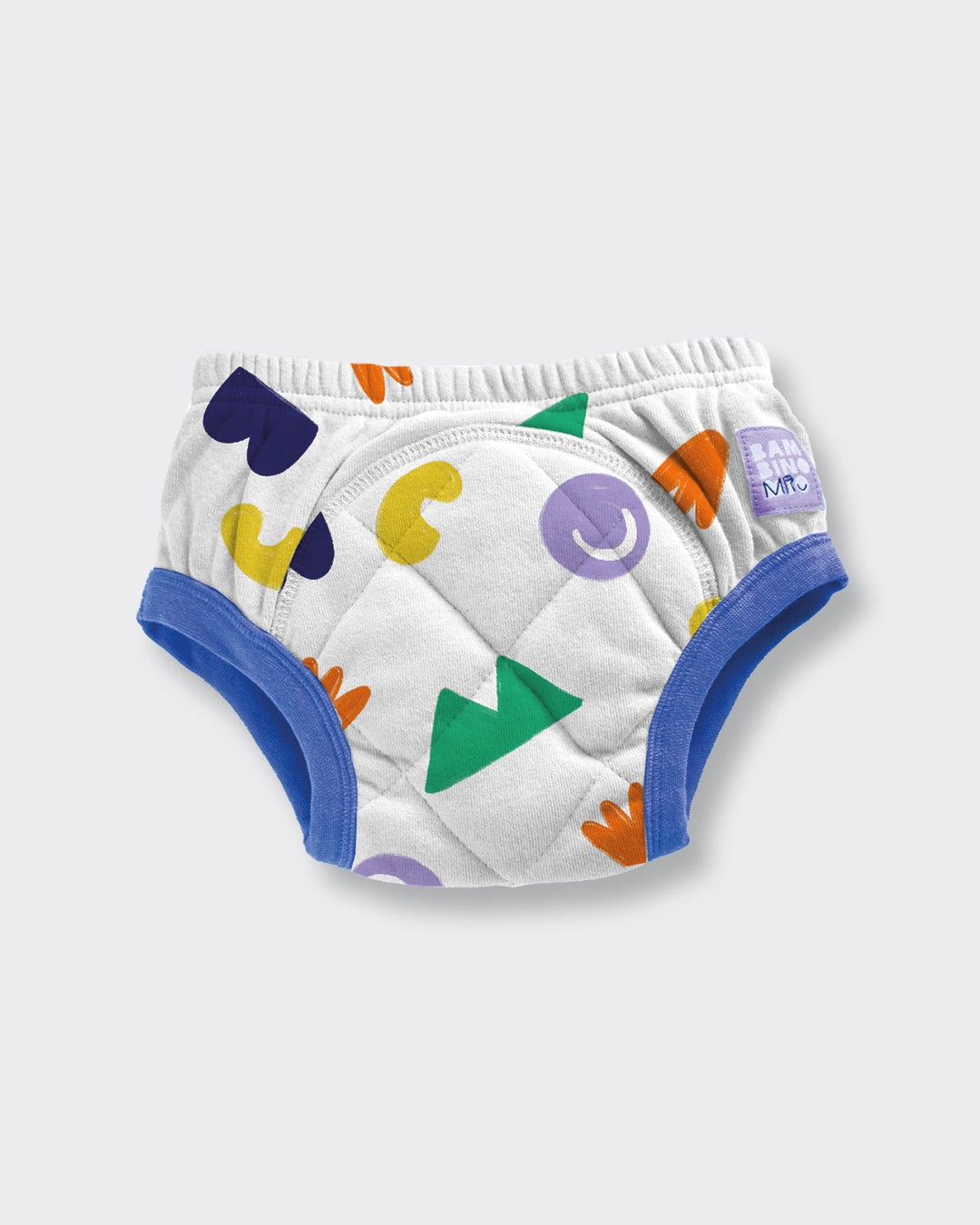 1 Potty Training Pant with a Pop colour print. White with blue trim. This features a cross stitch in the wadding