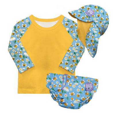 3 Piece Baby Swim Set with Swim Nappy, Swim top and Swim Hat in Busy Bees - NEW! - Bambino Mio (UK)
