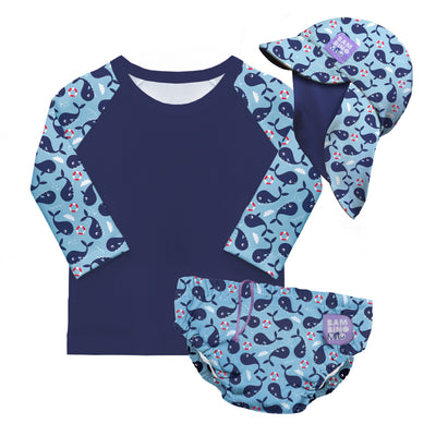 3 Piece Baby Swim Set with Swim Nappy, Swim top and Swim Hat in Blue Whale - Bambino Mio (UK)