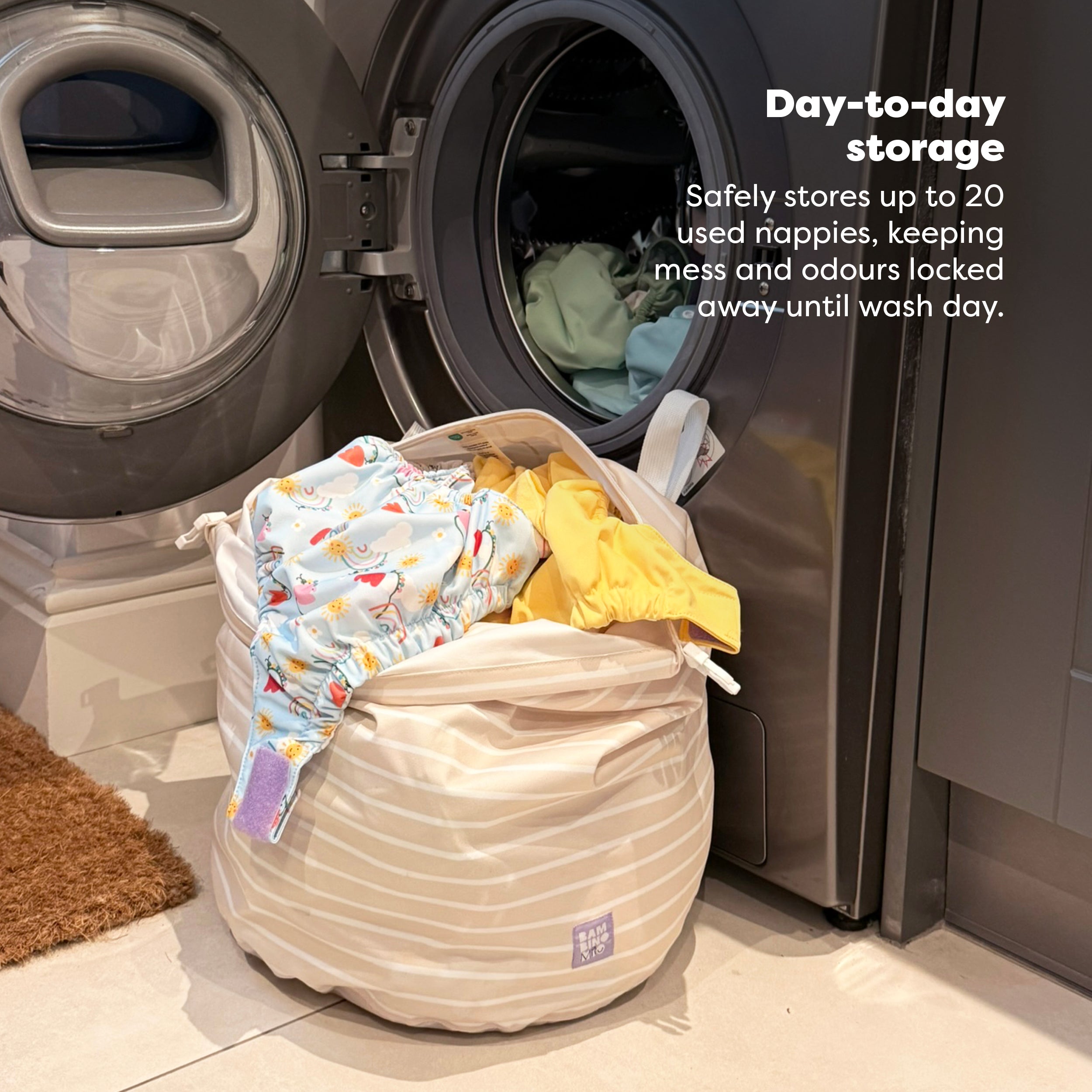 Stay-At-Home Waterproof Wet Nappy Bag in Neutral Stripe - Bambino Mio (UK)