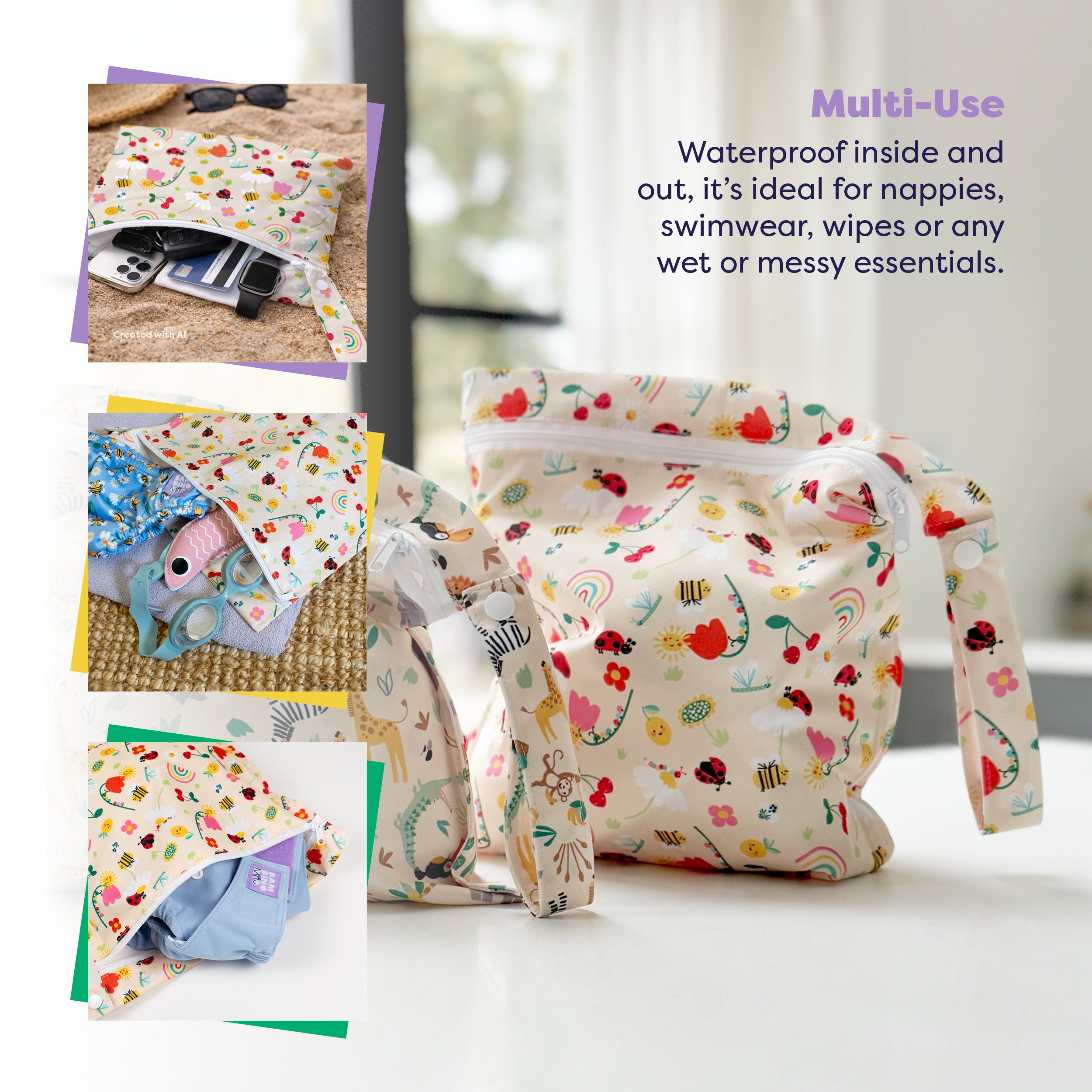 Out and About Waterproof Wet Nappy Bag in Sunshine Friends - Bambino Mio (UK)