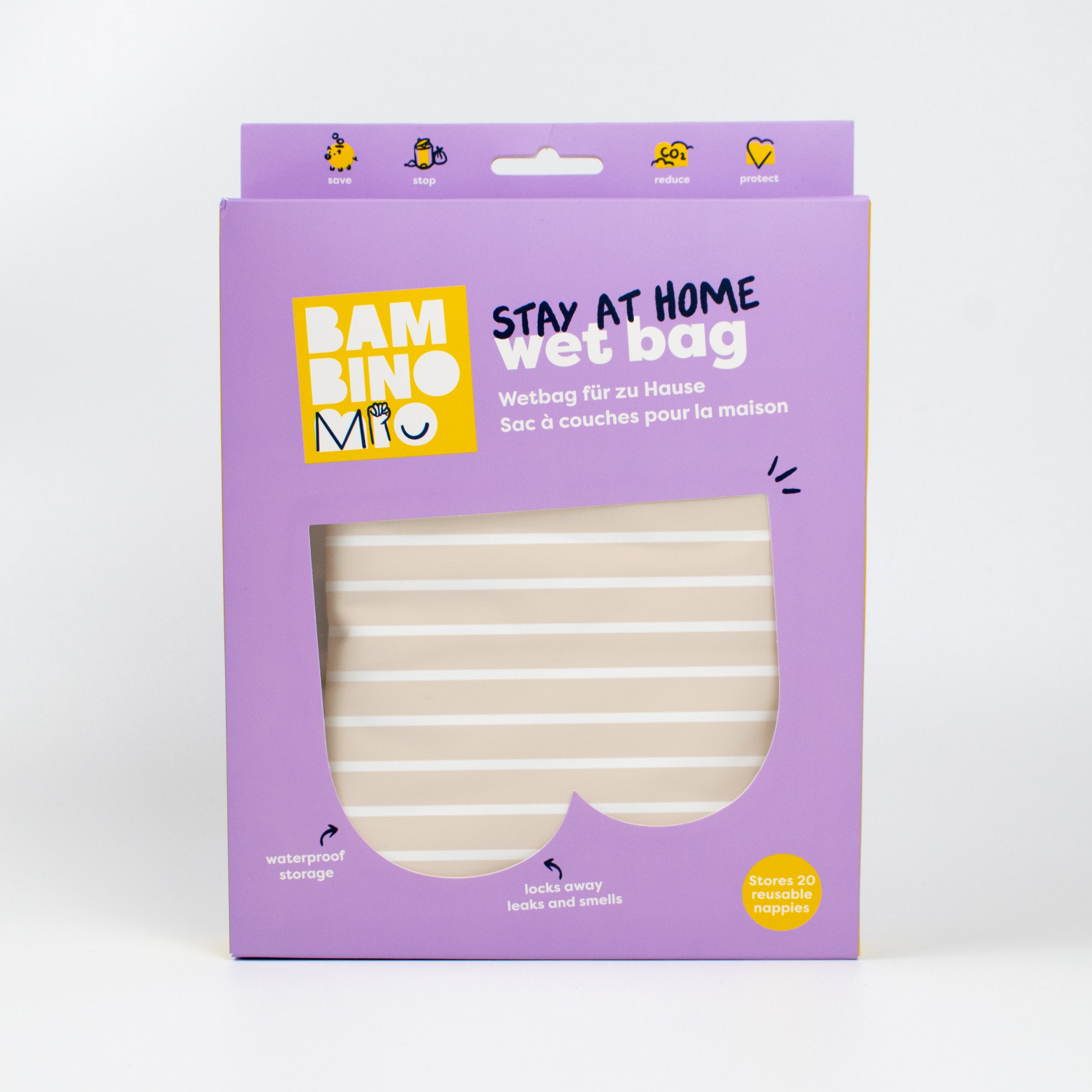 Stay-At-Home Waterproof Wet Nappy Bag in Neutral Stripe - Bambino Mio (UK)