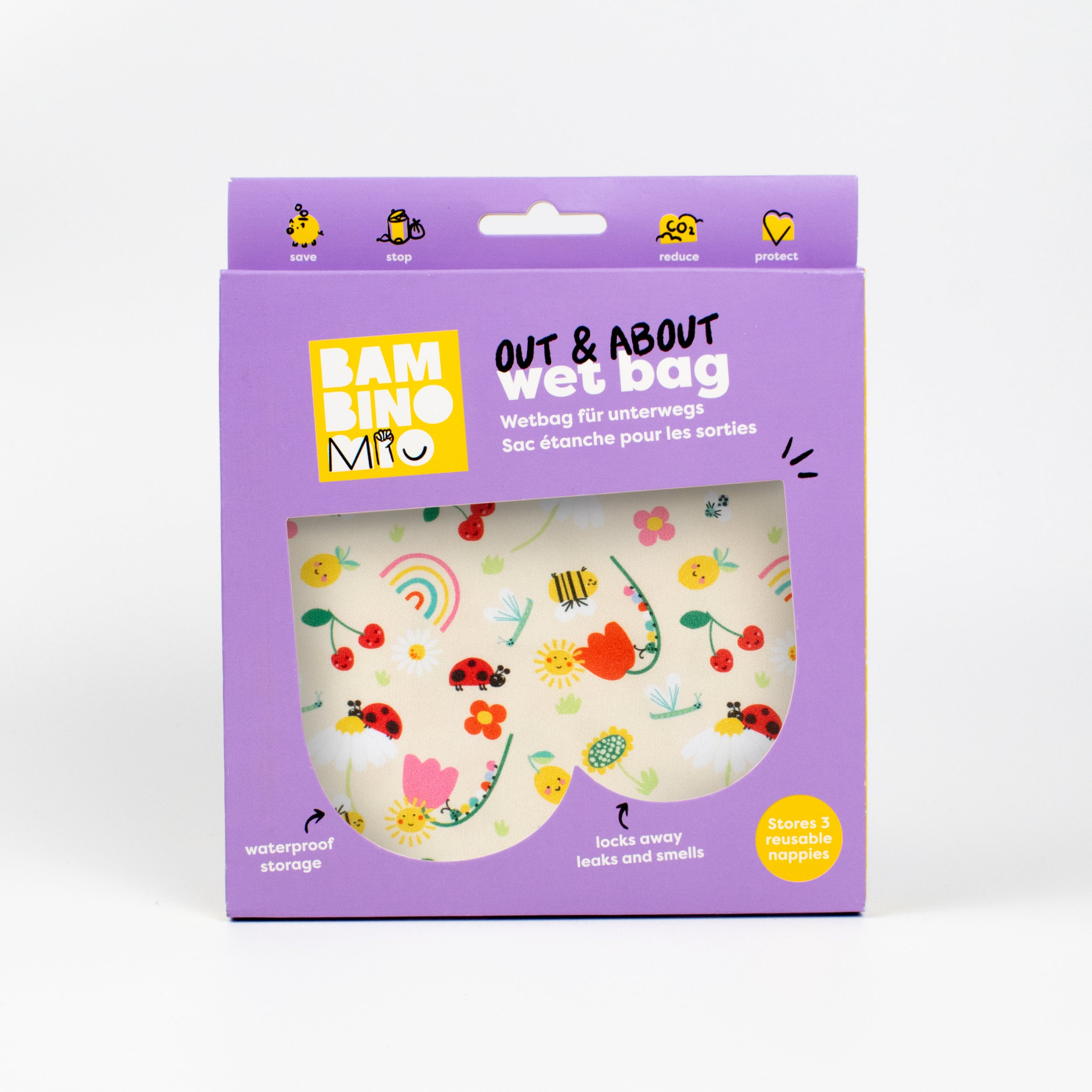Out and About Waterproof Wet Nappy Bag in Sunshine Friends - Bambino Mio (UK)