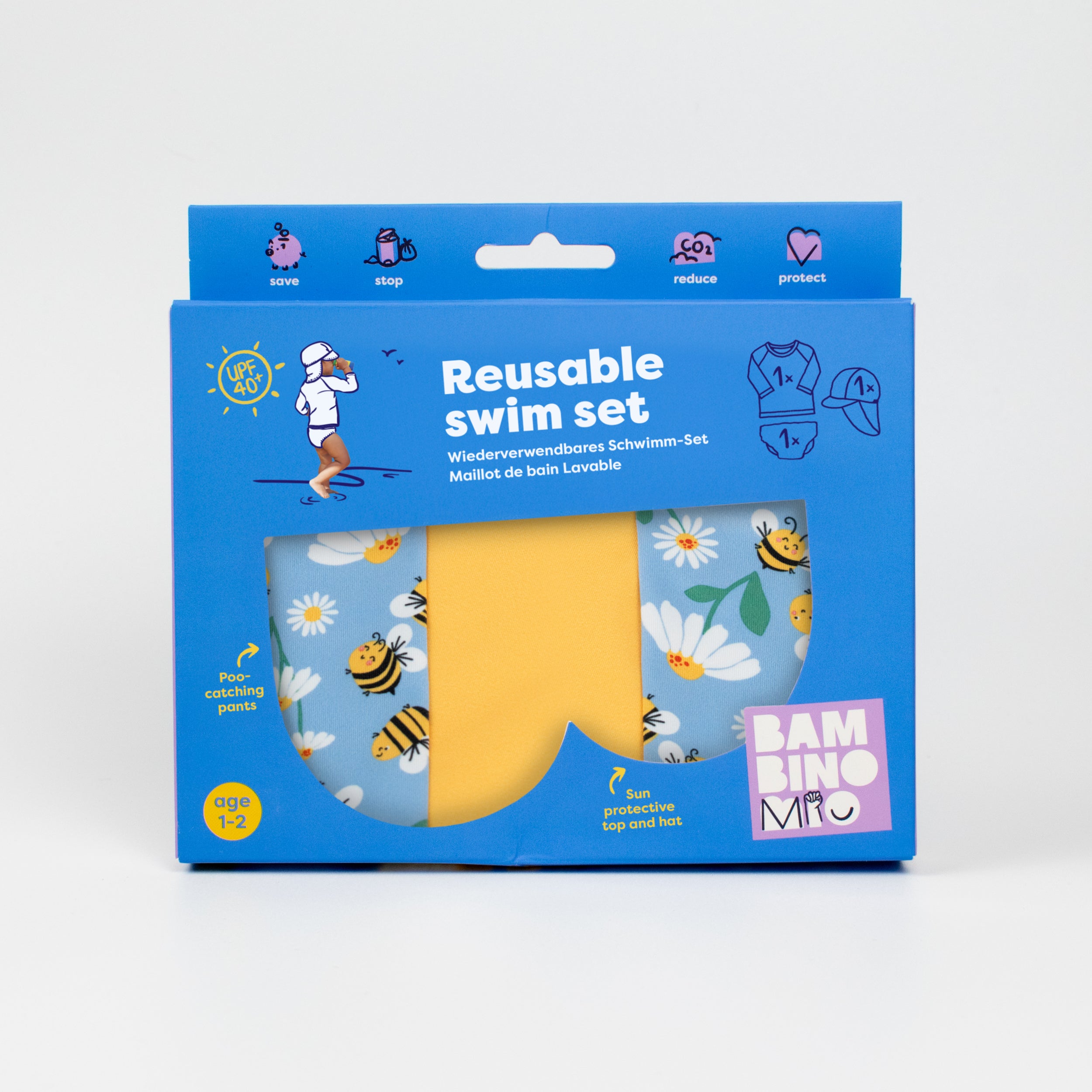 3 Piece Baby Swim Set with Swim Nappy, Swim top and Swim Hat in Busy Bees - NEW! - Bambino Mio (UK)