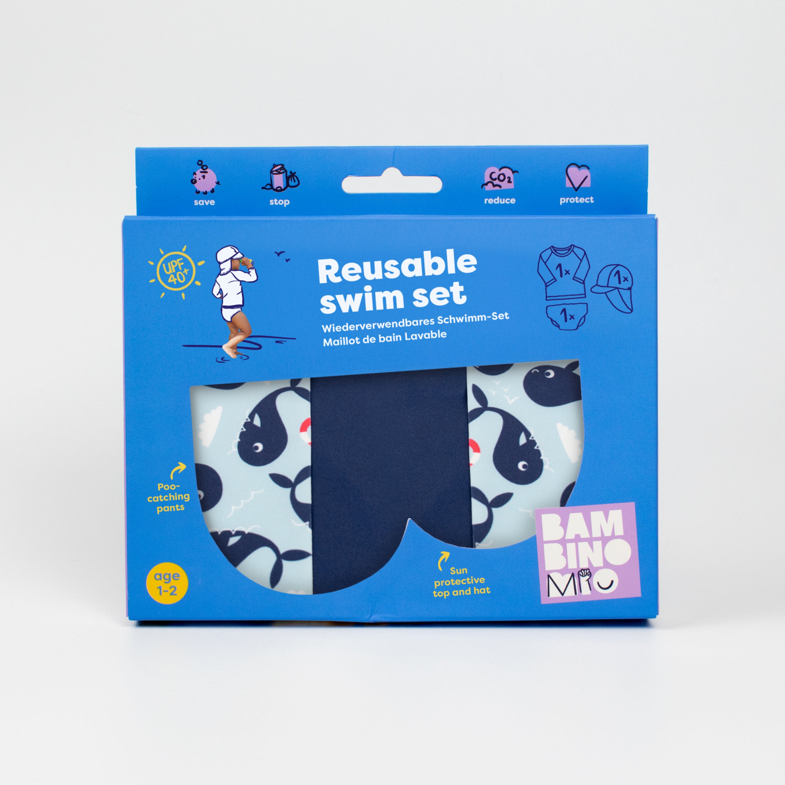 3 Piece Baby Swim Set with Swim Nappy, Swim top and Swim Hat in Blue Whale - Bambino Mio (UK)