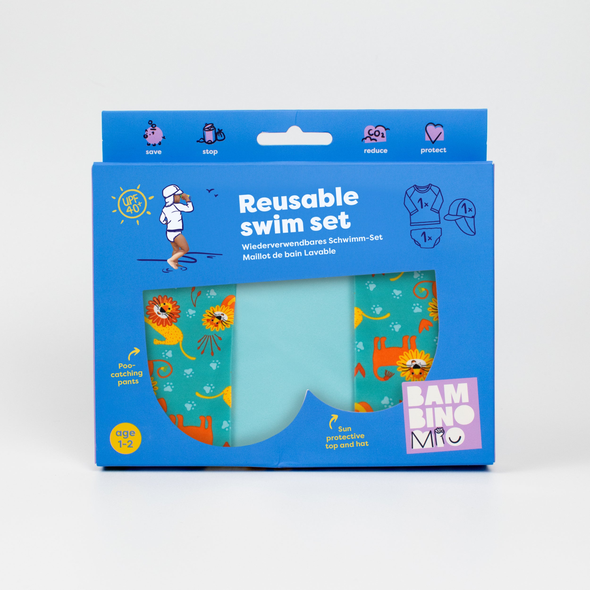 3 Piece Baby Swim Set with Swim Nappy, Swim top and Swim Hat in Cool Cats - NEW! - Bambino Mio (UK)