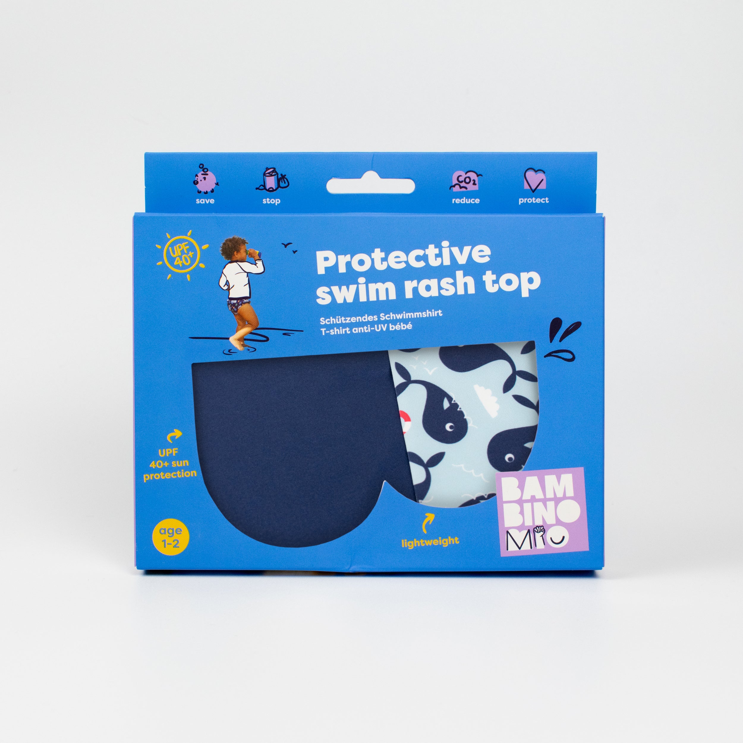 UPF 40+ Soft and Gentle Protective Swim Rash Vest in Whale Wharf- NEW! - Bambino Mio (UK)