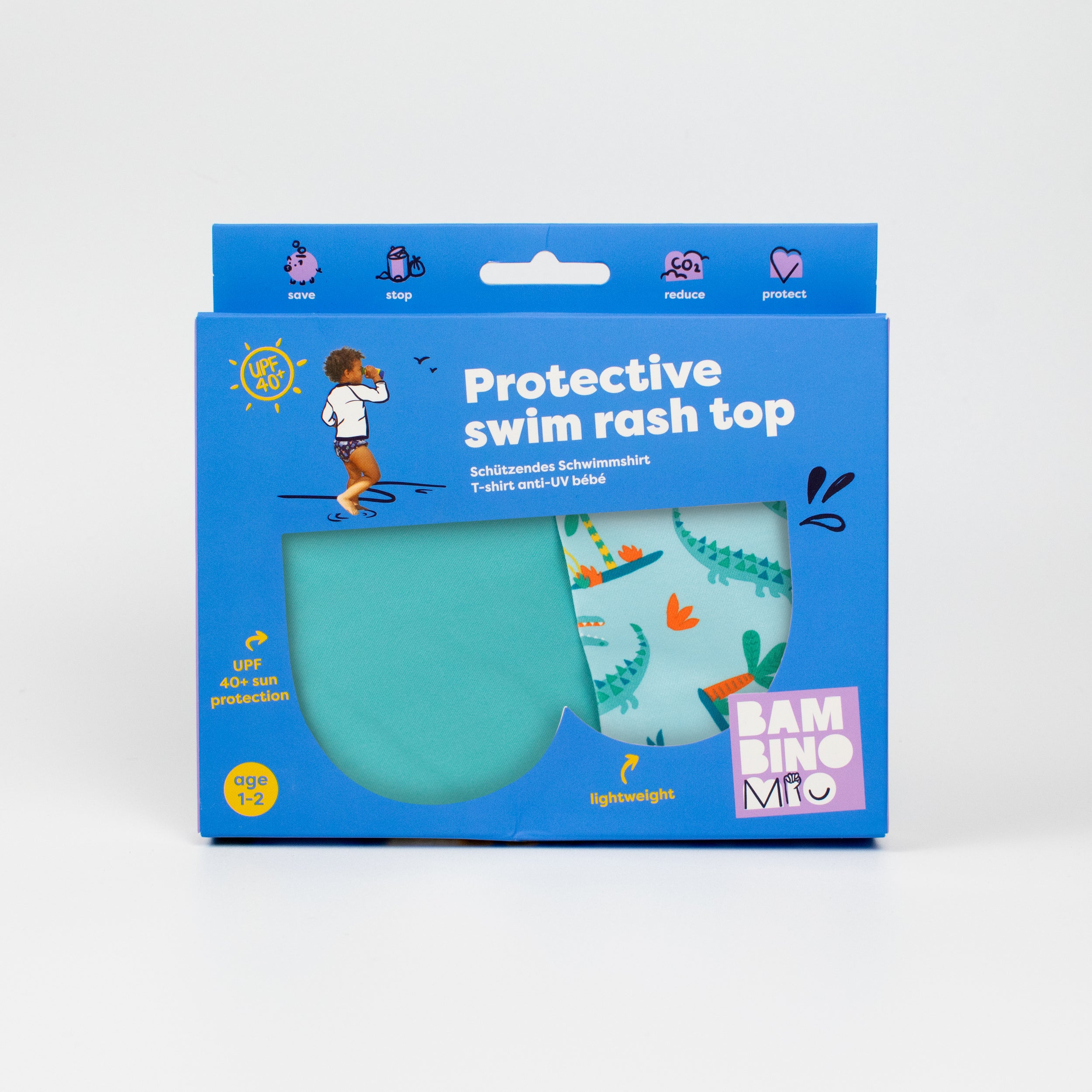 UPF 40+ Soft and Gentle Protective Swim Rash Vest in Crafty Croc - NEW! - Bambino Mio (UK)